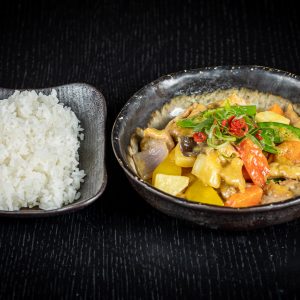 Golden curry pork with coconut cream.